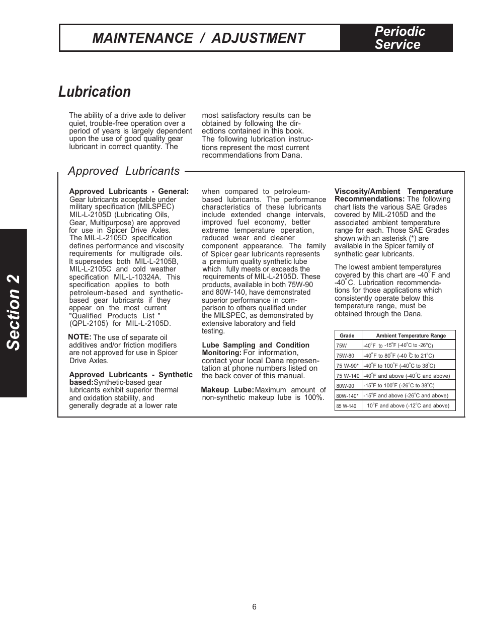 Section 2: periodic service, Maintenance/adjustment, Lubrication | Maintenance / adjustment, Periodic service, Approved lubricants | Spicer Drive Axles Service Manual Single Axles 2-Speed & Double Reduction User Manual | Page 6 / 34