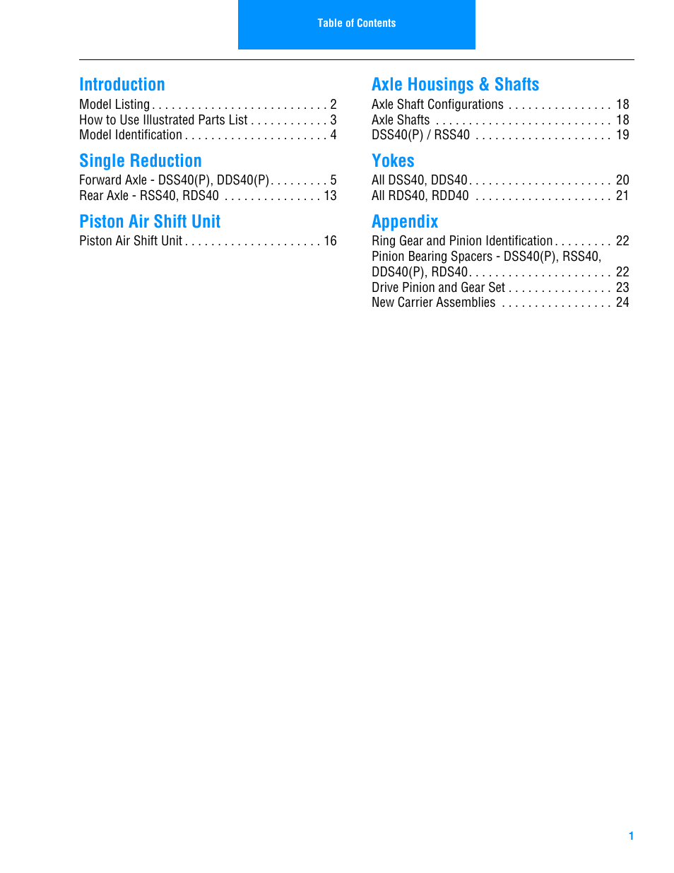 Introduction, Single reduction, Piston air shift unit | Axle housings & shafts, Yokes, Appendix | Spicer Drive Axles Illustrated Parts List DSS40, DDS40, RSS40, and RDS40 User Manual | Page 3 / 28