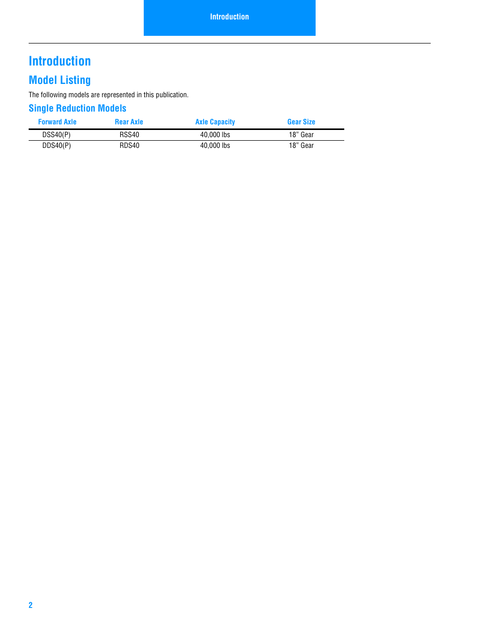 Introduction, Model listing | Spicer Drive Axles Illustrated Parts List DSS40, DDS40, RSS40, and RDS40 User Manual | Page 4 / 28