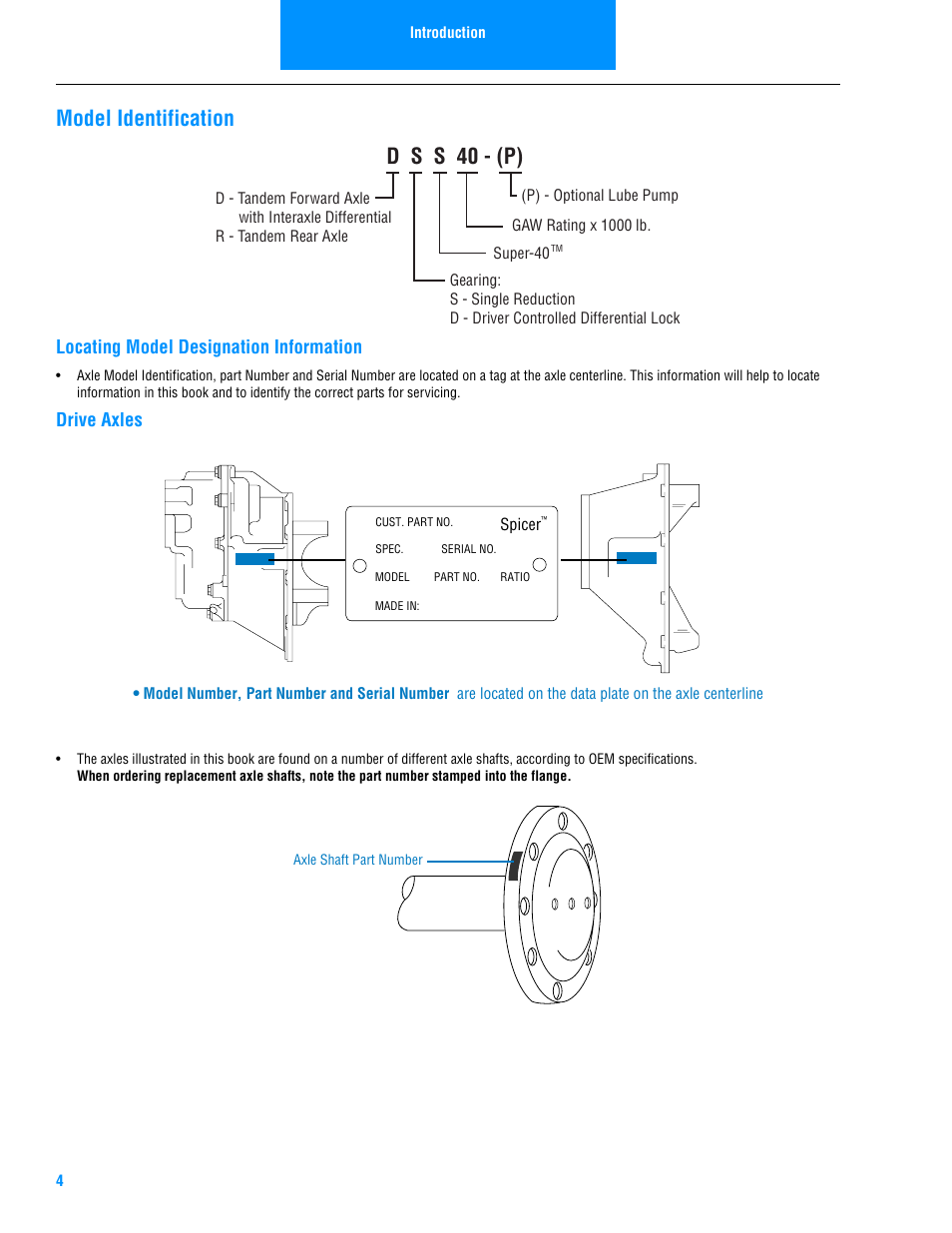Model identification, D s s 40 - (p), Locating model designation information | Drive axles | Spicer Drive Axles Illustrated Parts List DSS40, DDS40, RSS40, and RDS40 User Manual | Page 6 / 28