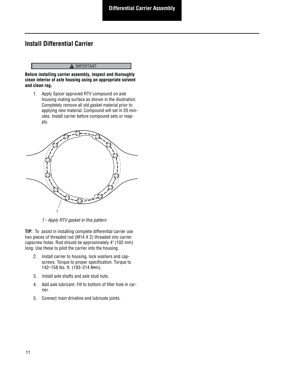 Install differential carrier | Spicer Single Drive Axles Service Manual: S140 Series User Manual | Page 14 / 44