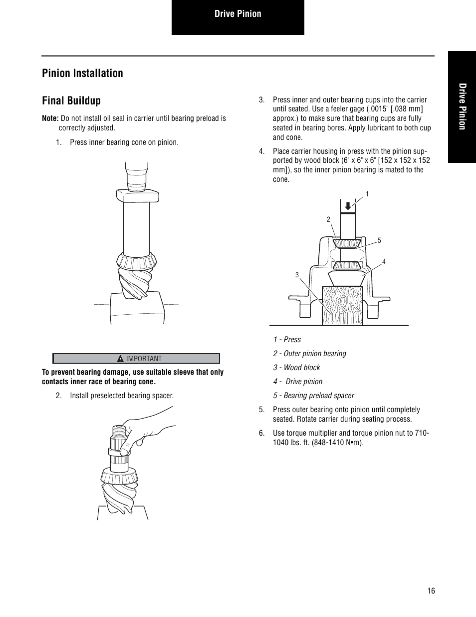 Pinion installation, Final buildup, Pinion installation final buildup | Spicer Single Drive Axles Service Manual: S140 Series User Manual | Page 19 / 44