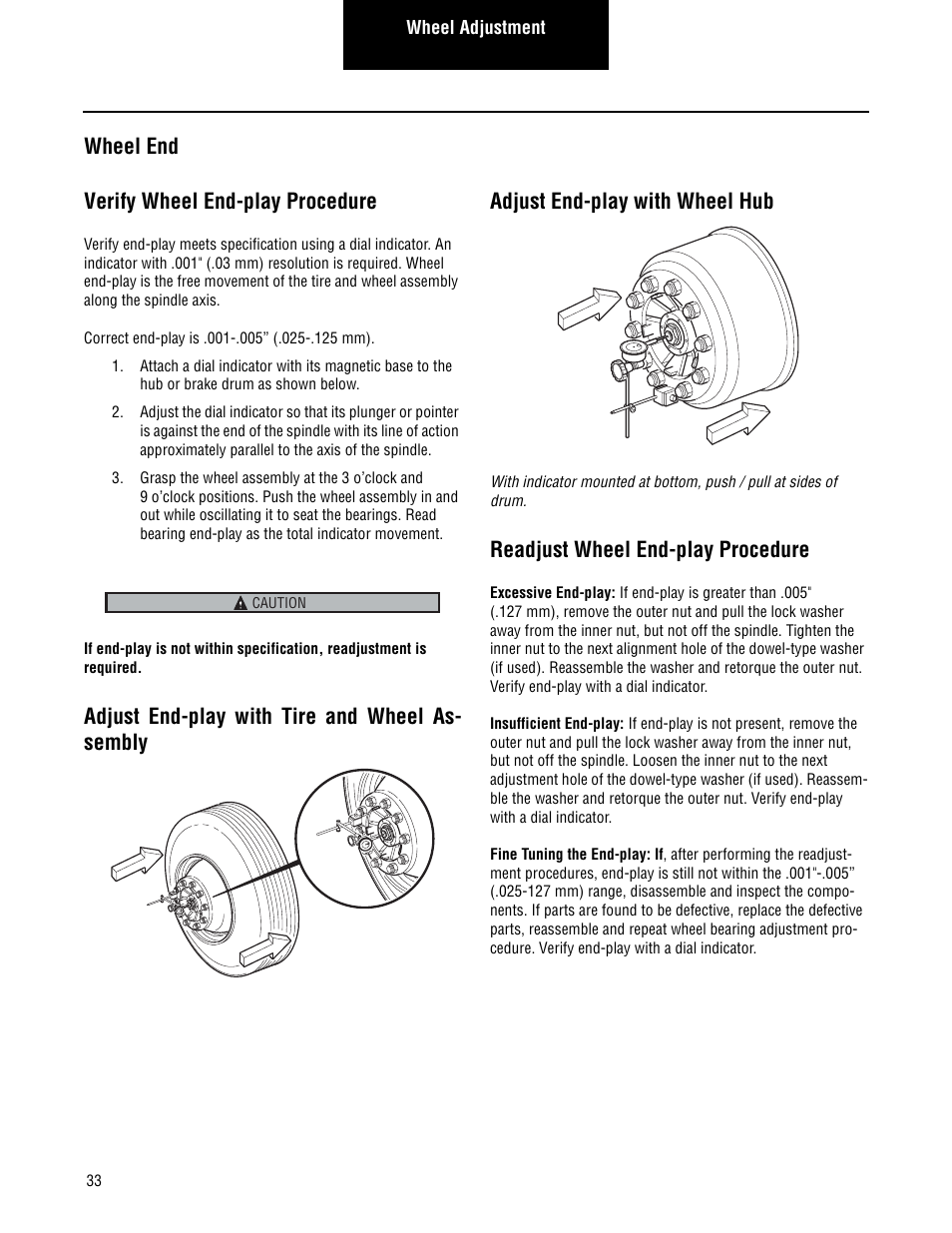 Wheel end, Verify wheel end-play procedure, Adjust end-play with tire and wheel as sembly | Adjust end-play with wheel hub, Readjust wheel end-play procedure, Wheel end verify wheel end-play procedure | Spicer Single Drive Axles Service Manual: S140 Series User Manual | Page 36 / 44