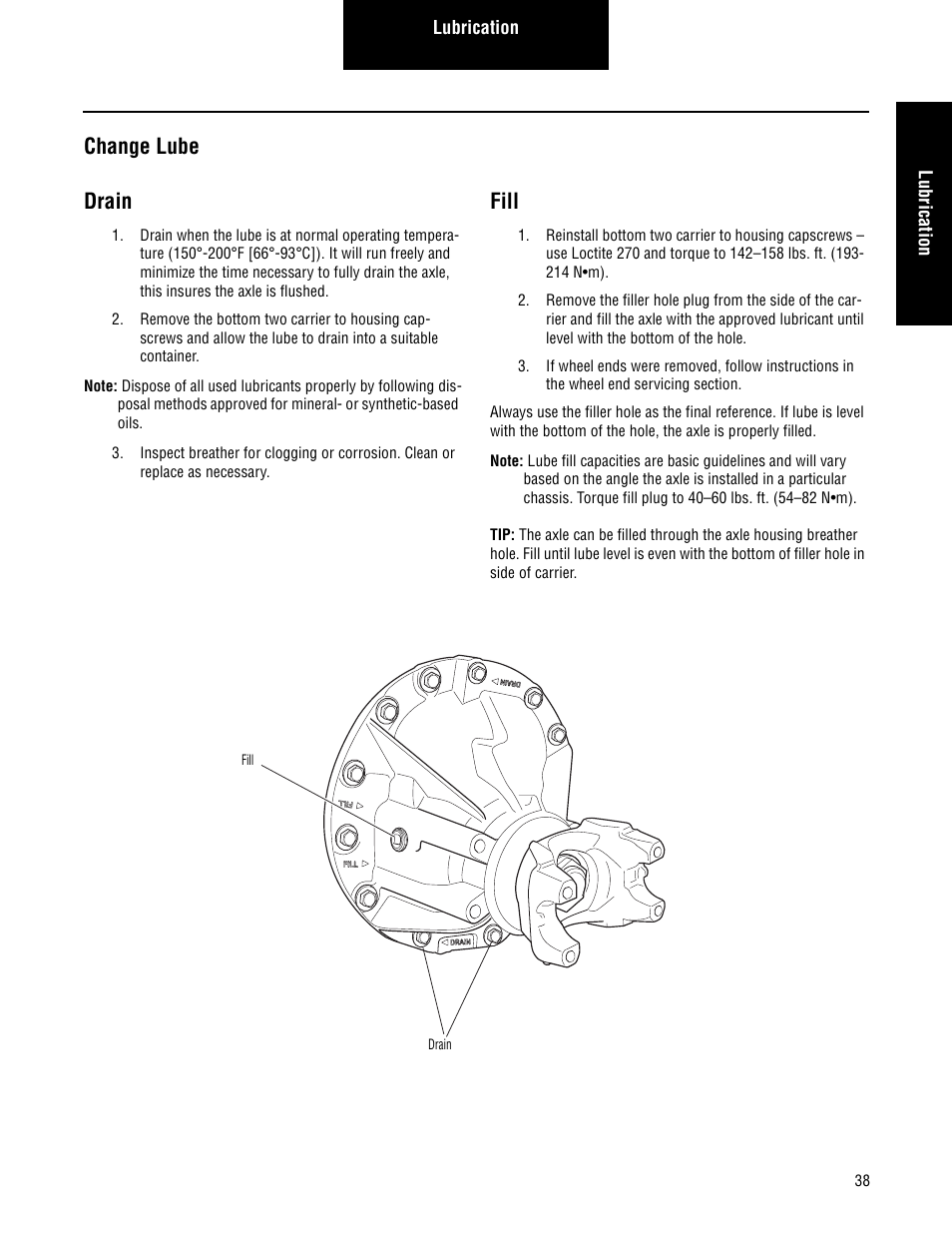 Change lube, Drain, Fill | Change lube drain | Spicer Single Drive Axles Service Manual: S140 Series User Manual | Page 41 / 44