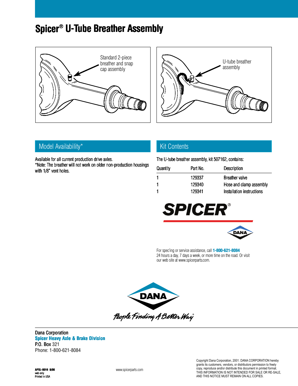 Spicer, U-tube breather assembly, Model availability | Kit contents | Spicer U-Tube Breather Assembly User Manual | Page 2 / 2