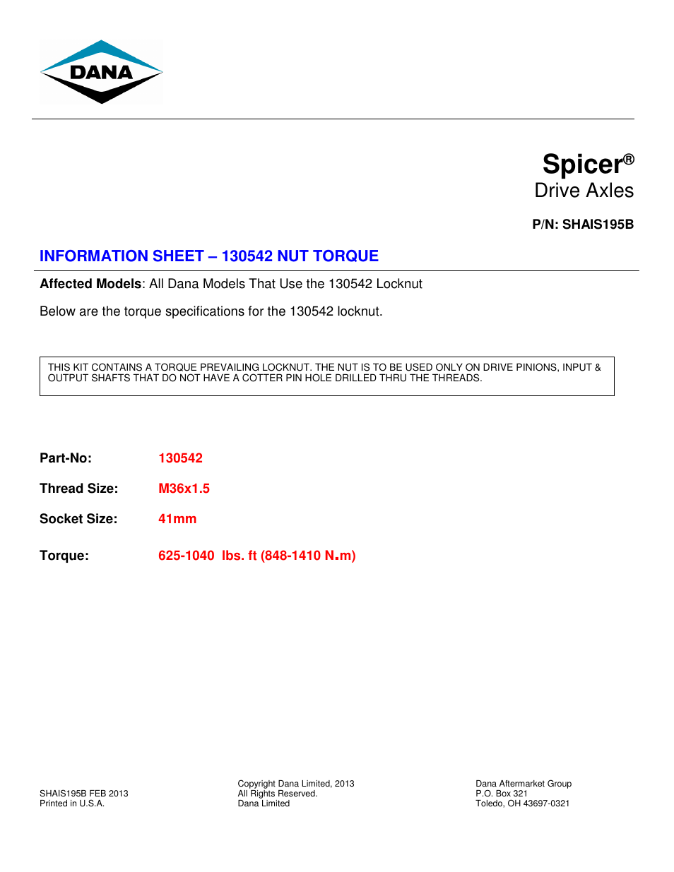 Spicer 130542 User Manual | 1 page