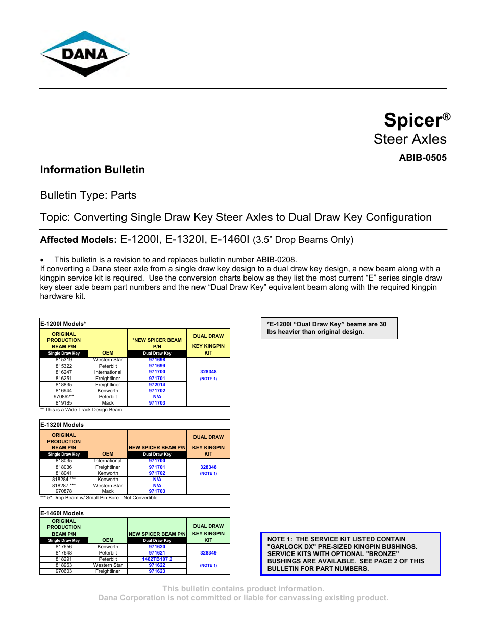 Spicer Converting Single Draw Key Steer Axles to Dual Draw Key Configuration User Manual | 2 pages