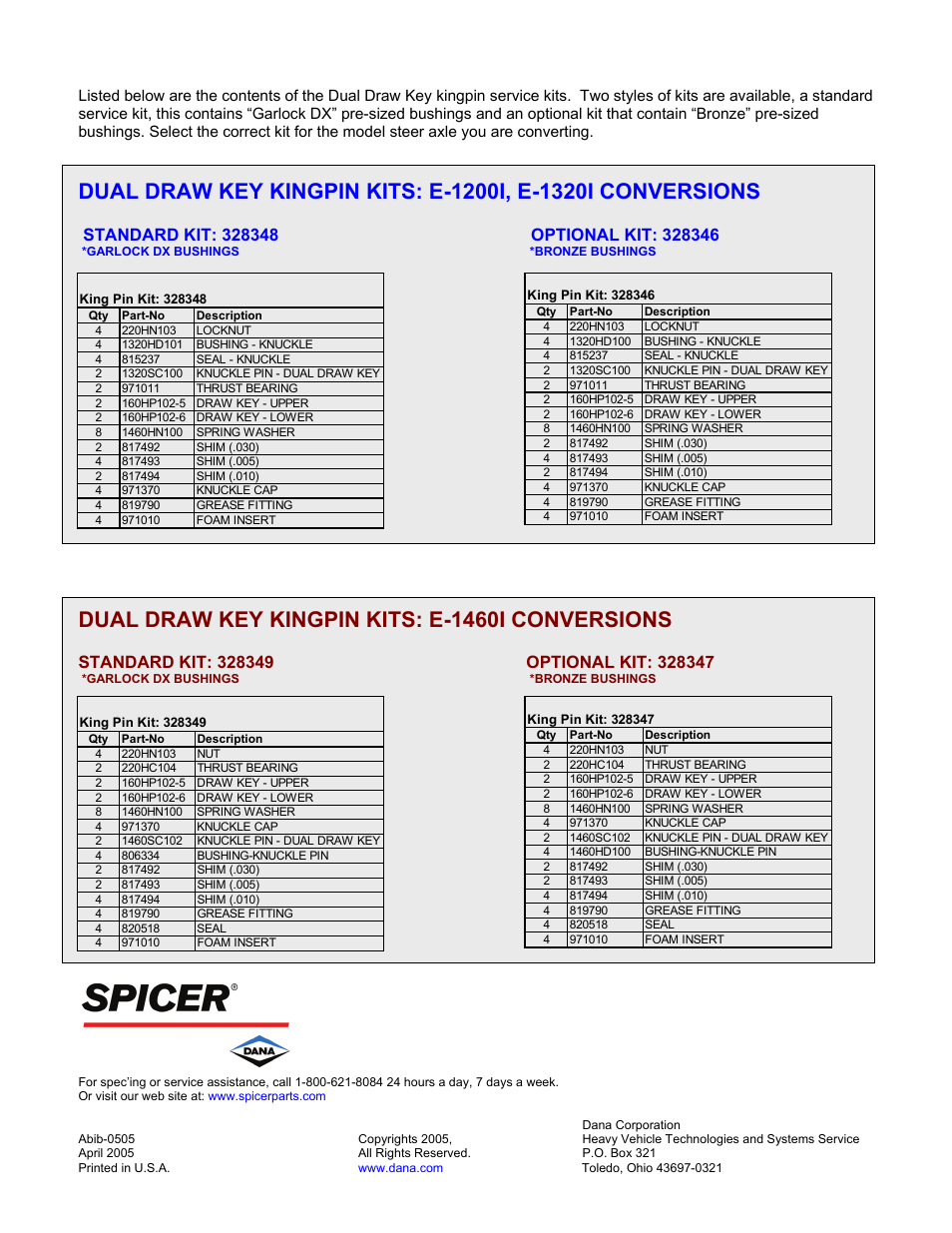 Dual draw key kingpin kits: e-1460i conversions | Spicer Converting Single Draw Key Steer Axles to Dual Draw Key Configuration User Manual | Page 2 / 2