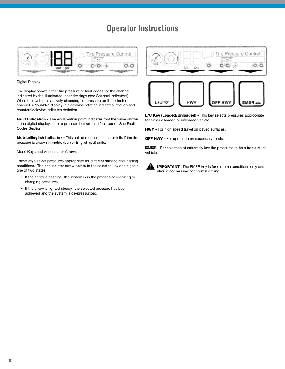 Operator instructions | Spicer TPCS Troubleshooting Guide: Older Systems (ECU's w_Dual Connectors) User Manual | Page 10 / 56
