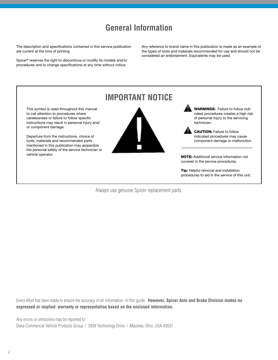 General information important notice, Always use genuine spicer replacement parts | Spicer TPCS Troubleshooting Guide: Older Systems (ECU's w_Dual Connectors) User Manual | Page 2 / 56