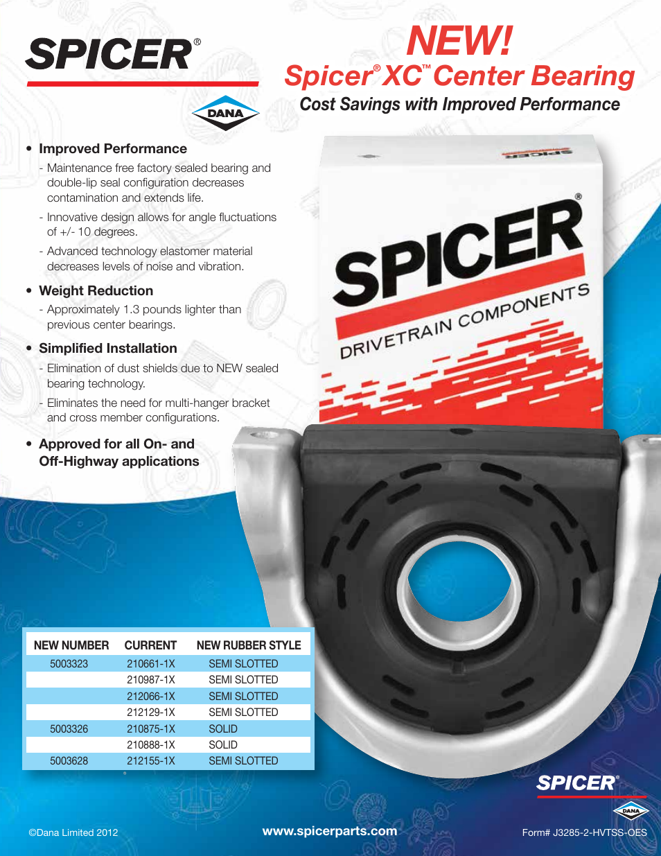Spicer, Center bearing, Cost savings with improved performance | Spicer XC Center Bearing Sales Sheet User Manual | Page 2 / 2