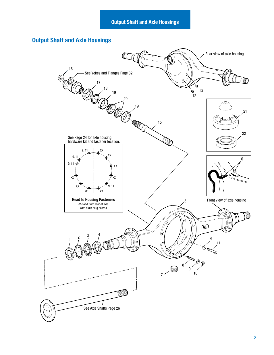 Output shaft and axle housings | Spicer Drive Axles Illustrated Parts List DSP40(P), DSP41(P), DDP40(P), DDP41(P),RSP40, RSP41, RDP40, RDP41, P20060, P22060 User Manual | Page 23 / 38