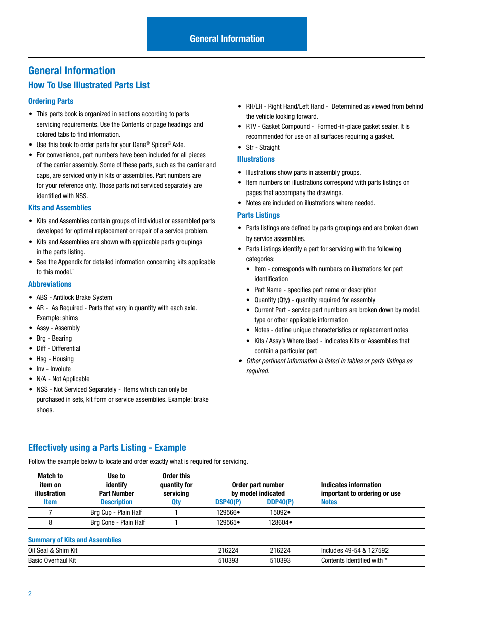 General information, How to use illustrated parts list, Effectively using a parts listing - example | Spicer Drive Axles Illustrated Parts List DSP40(P), DSP41(P), DDP40(P), DDP41(P),RSP40, RSP41, RDP40, RDP41, P20060, P22060 User Manual | Page 4 / 38