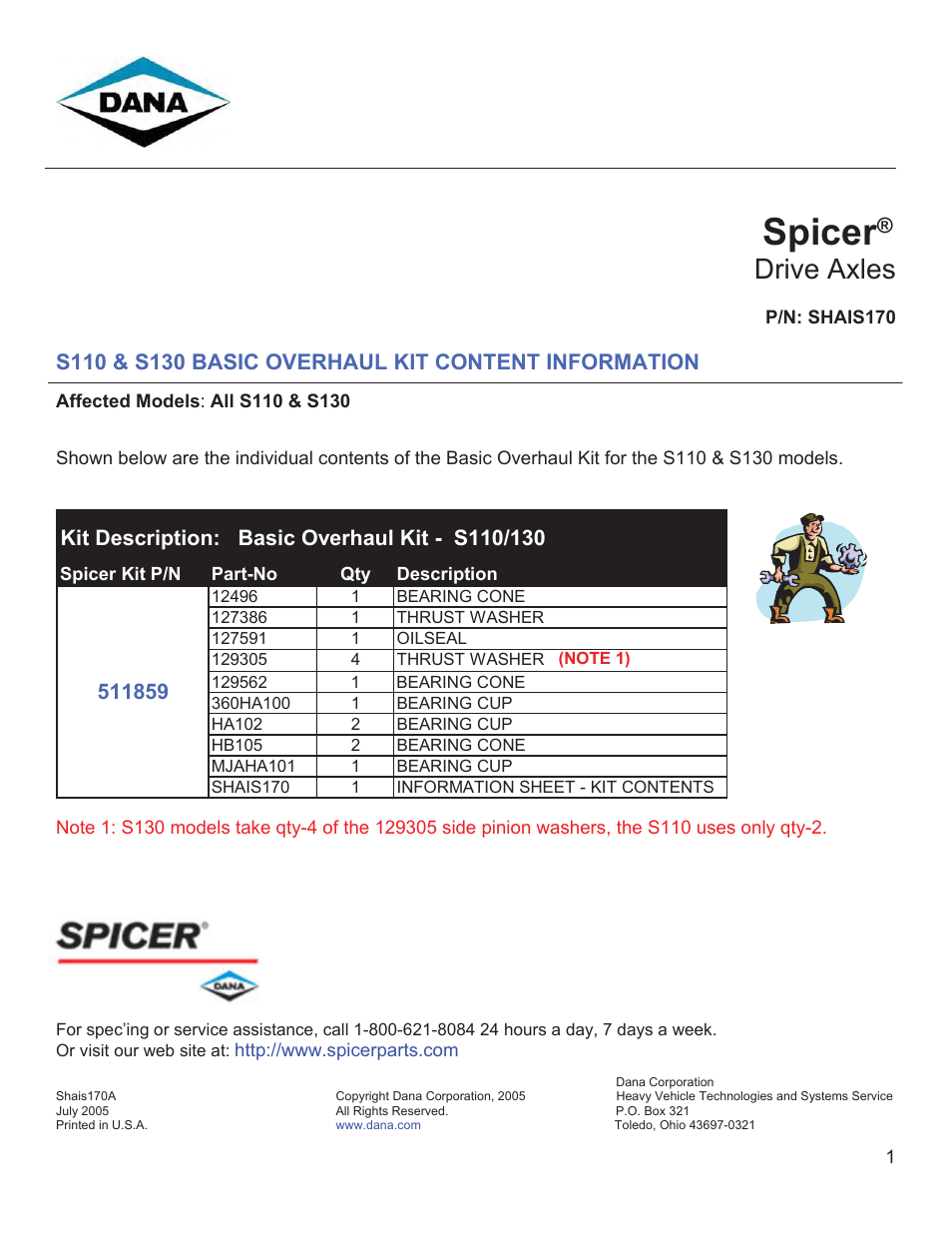 Spicer S130 BASIC OVERHAUL KIT CONTENT INFORMATION User Manual | 1 page