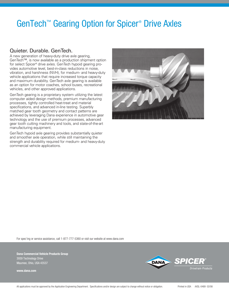 Gentech, Gearing option for spicer, Drive axles | Quieter. durable. gentech | Spicer GenTech Gearing Option for Spicer Drive Axles User Manual | Page 2 / 2