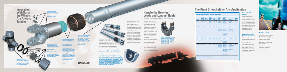 Handle the heaviest loads and longest hauls, The right driveshaft for any application, Always working to keep you moving | Compare models and see the difference, Spicer life xl, U-joints, Advanced features. superior performance, Trust the experts | Spicer Life Series Driveshafts Brochure User Manual | Page 4 / 6