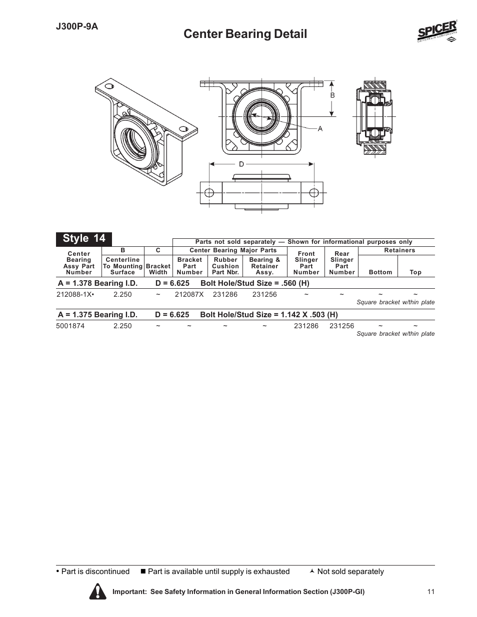 Center bearing detail, Style 14, J300p-9a | Spicer Kits & Small Parts Section of J300P User Manual | Page 11 / 24