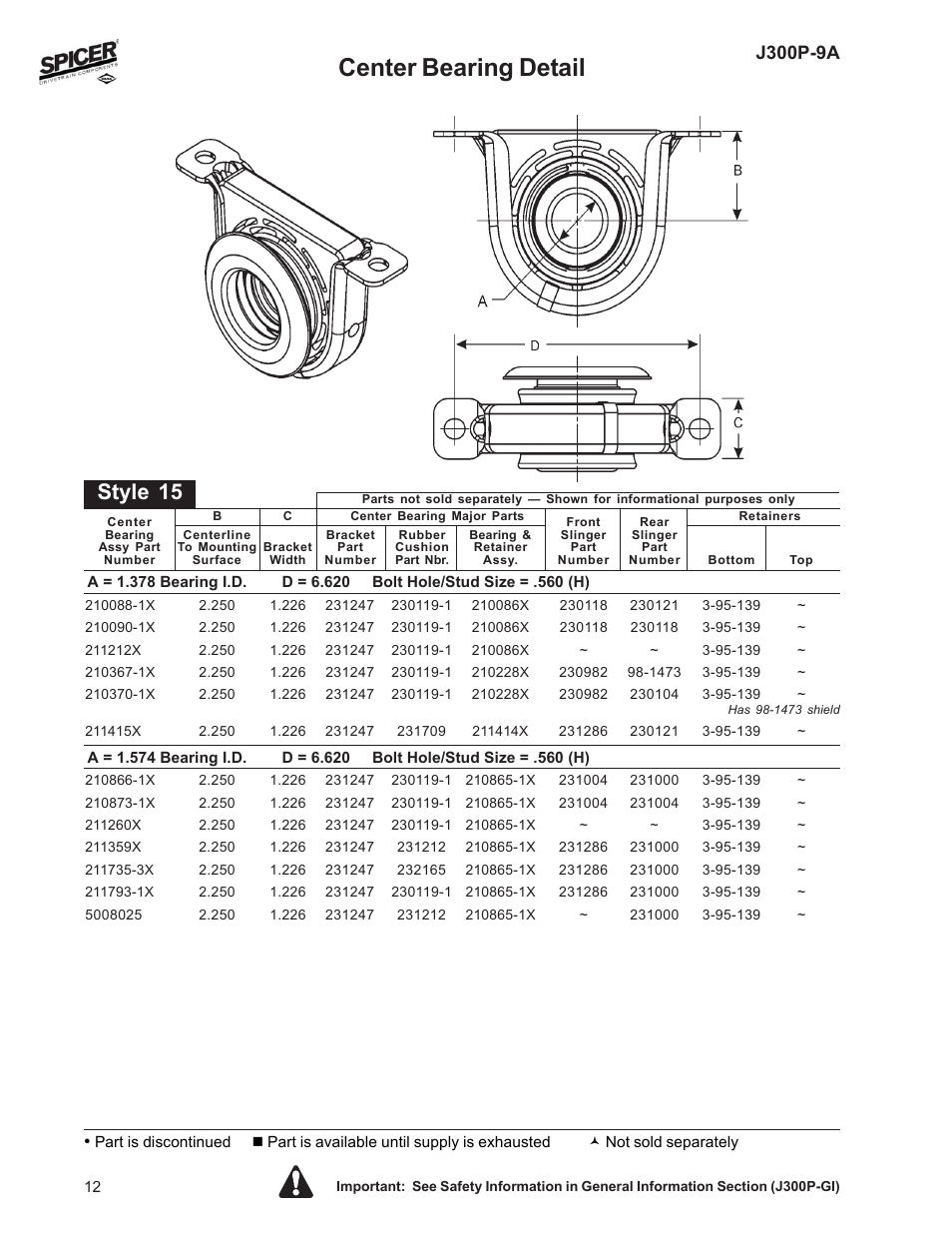 Center bearing detail, Style 15, J300p-9a | Spicer Driveline Components Catalog: Center Bearings User Manual | Page 12 / 24