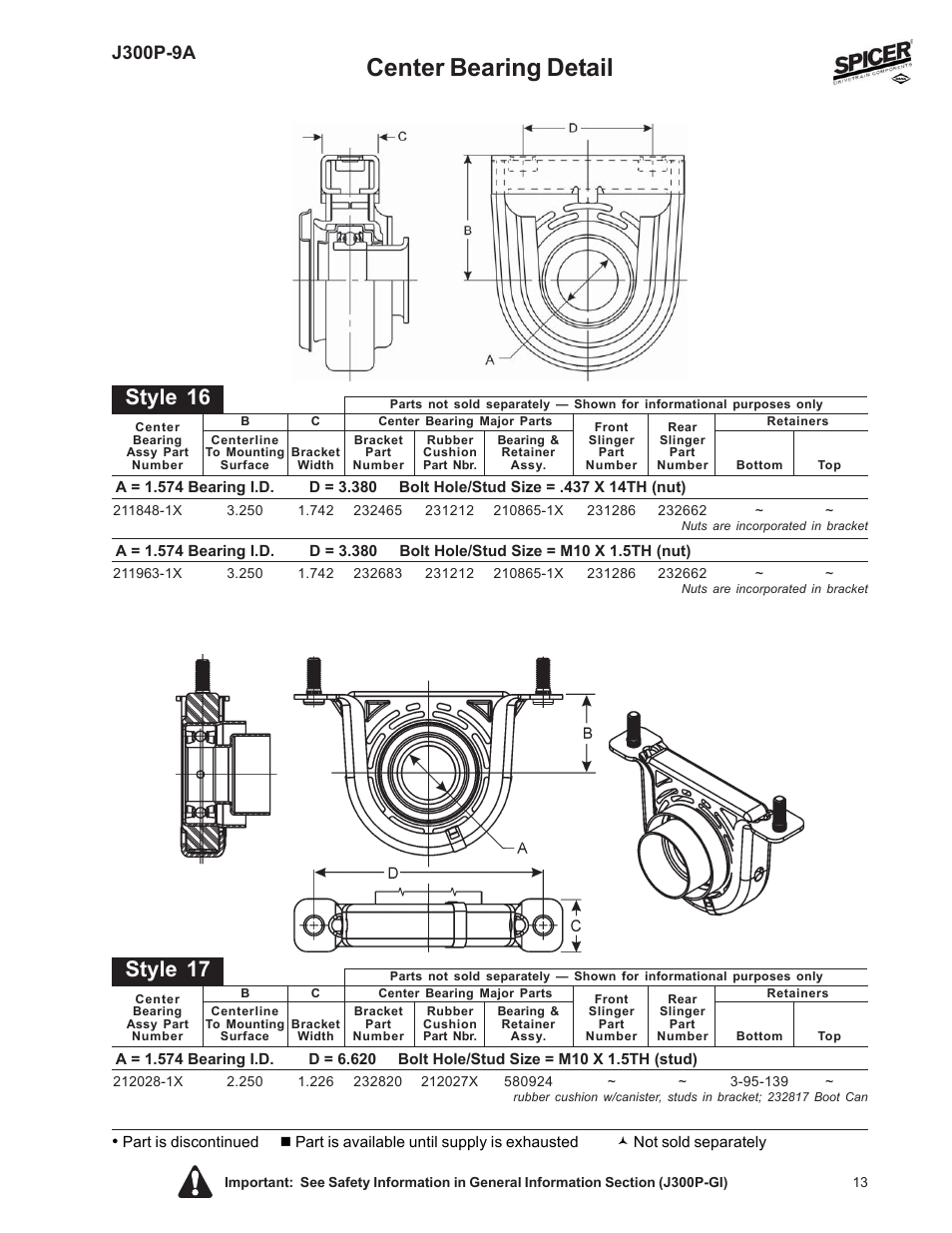 Center bearing detail, Style 16, Style 17 | J300p-9a | Spicer Driveline Components Catalog: Center Bearings User Manual | Page 13 / 24