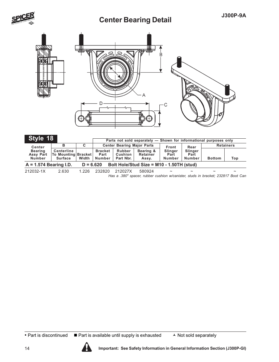 Center bearing detail, Style 18, J300p-9a | Spicer Driveline Components Catalog: Center Bearings User Manual | Page 14 / 24