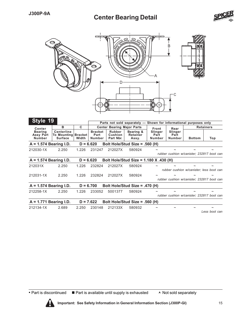 Center bearing detail, Style 19, J300p-9a | Spicer Driveline Components Catalog: Center Bearings User Manual | Page 15 / 24