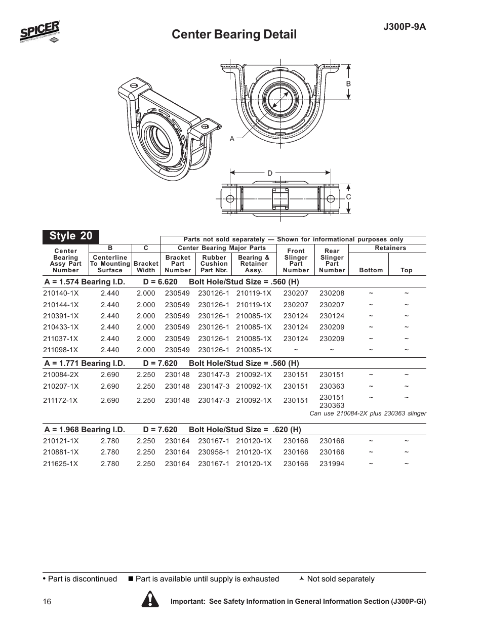 Center bearing detail, Style 20, J300p-9a | Spicer Driveline Components Catalog: Center Bearings User Manual | Page 16 / 24