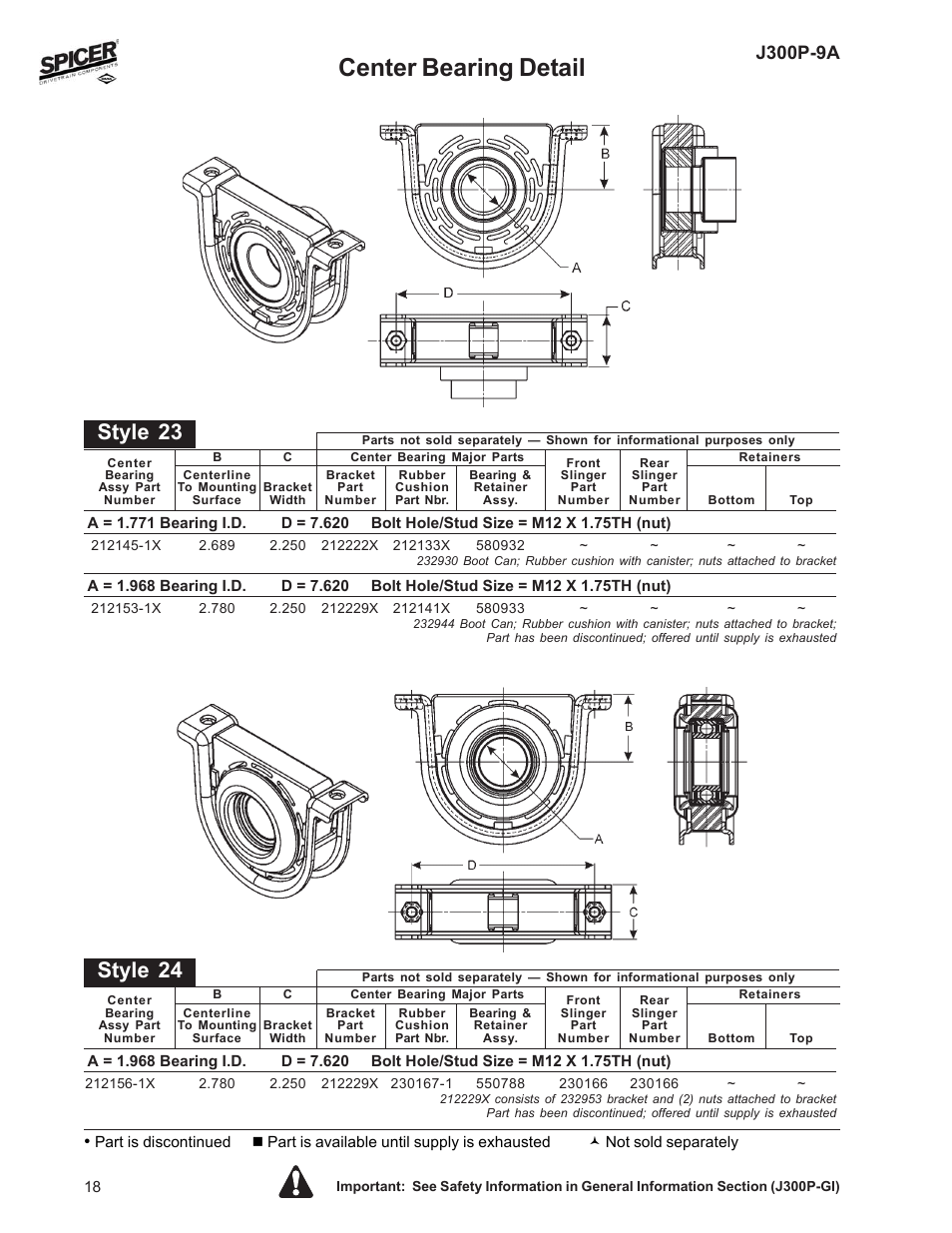 Center bearing detail, Style 23, Style 24 | J300p-9a | Spicer Driveline Components Catalog: Center Bearings User Manual | Page 18 / 24
