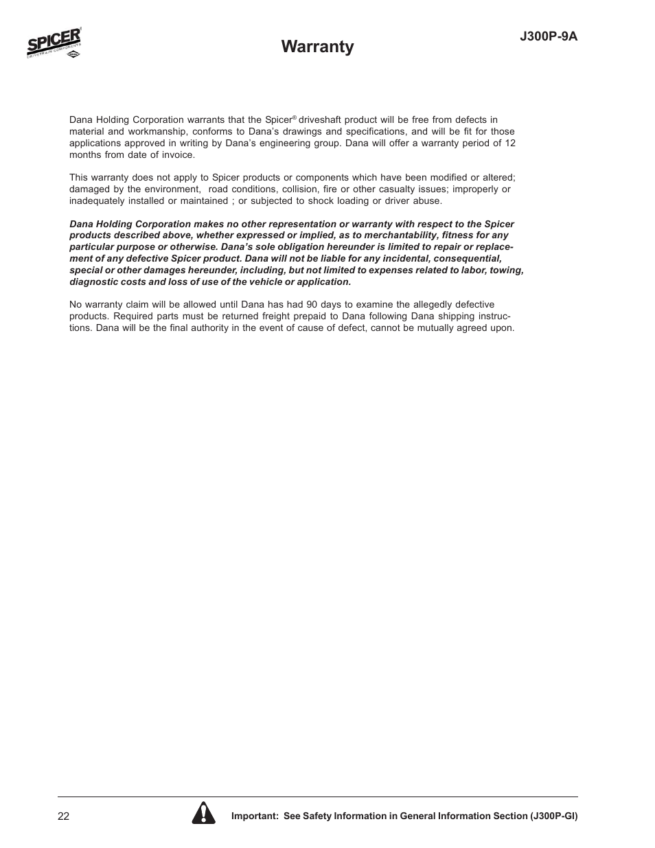 Warranty | Spicer Driveline Components Catalog: Center Bearings User Manual | Page 22 / 24