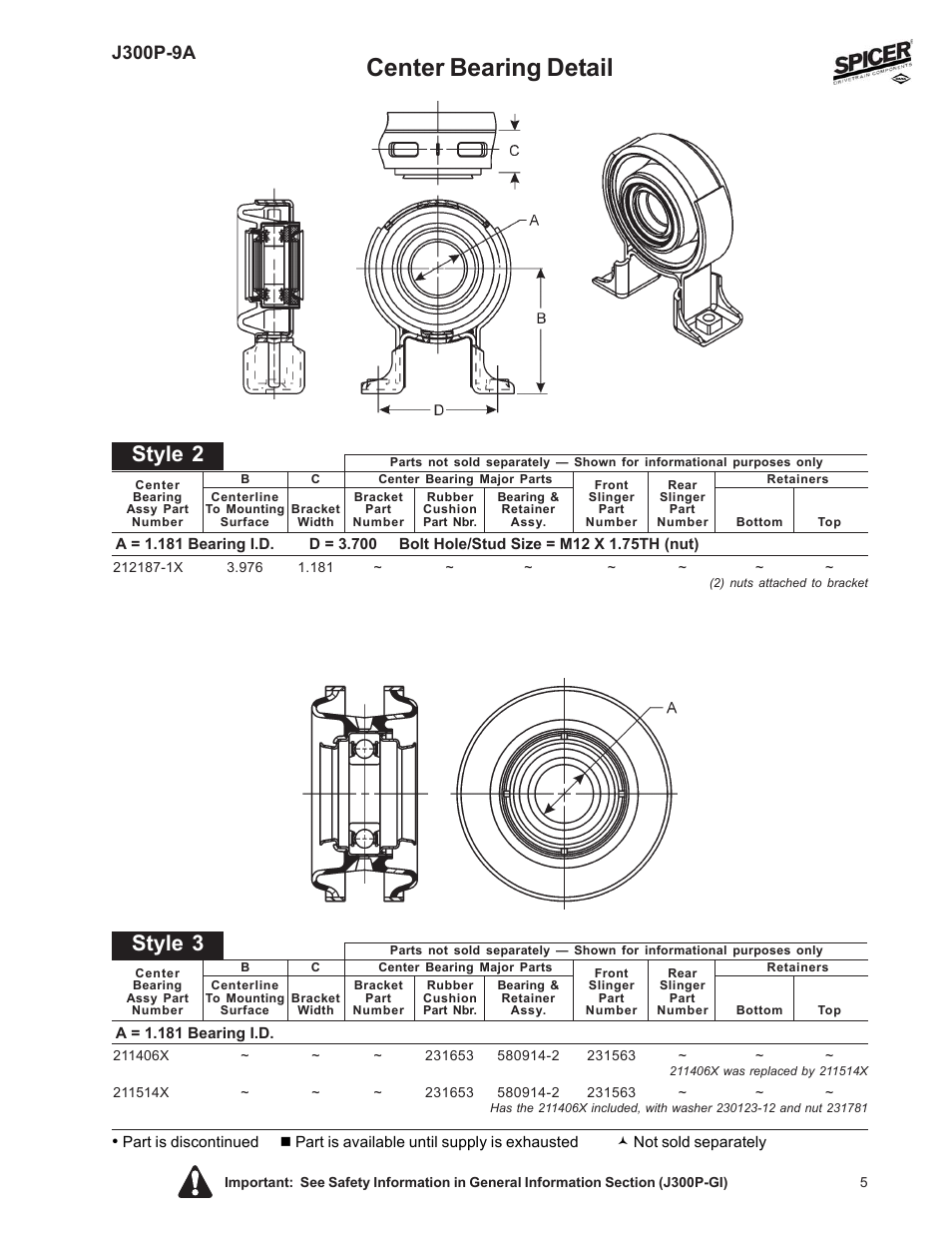 Center bearing detail, Style 2, Style 3 | J300p-9a | Spicer Driveline Components Catalog: Center Bearings User Manual | Page 5 / 24