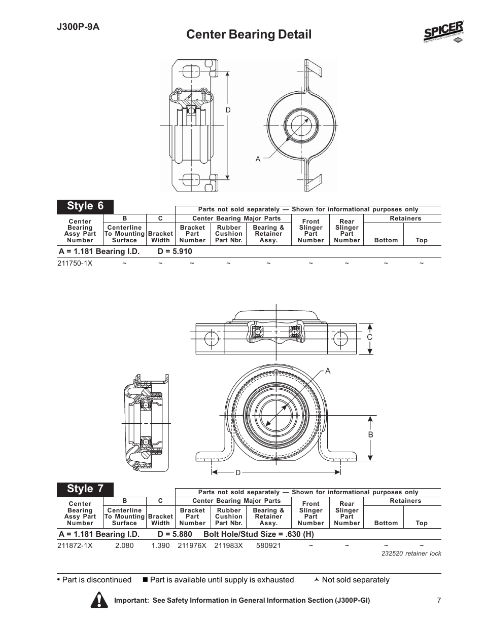Center bearing detail, Style 6, Style 7 | J300p-9a | Spicer Driveline Components Catalog: Center Bearings User Manual | Page 7 / 24