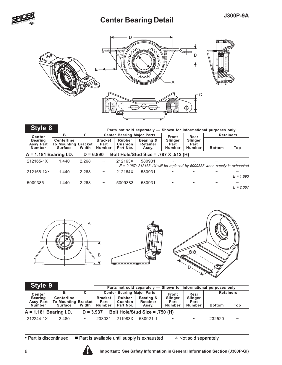 Center bearing detail, Style 8, Style 9 | J300p-9a | Spicer Driveline Components Catalog: Center Bearings User Manual | Page 8 / 24