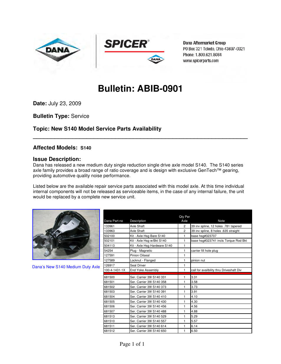 Spicer New S140 Model Service Parts Availability User Manual | 1 page