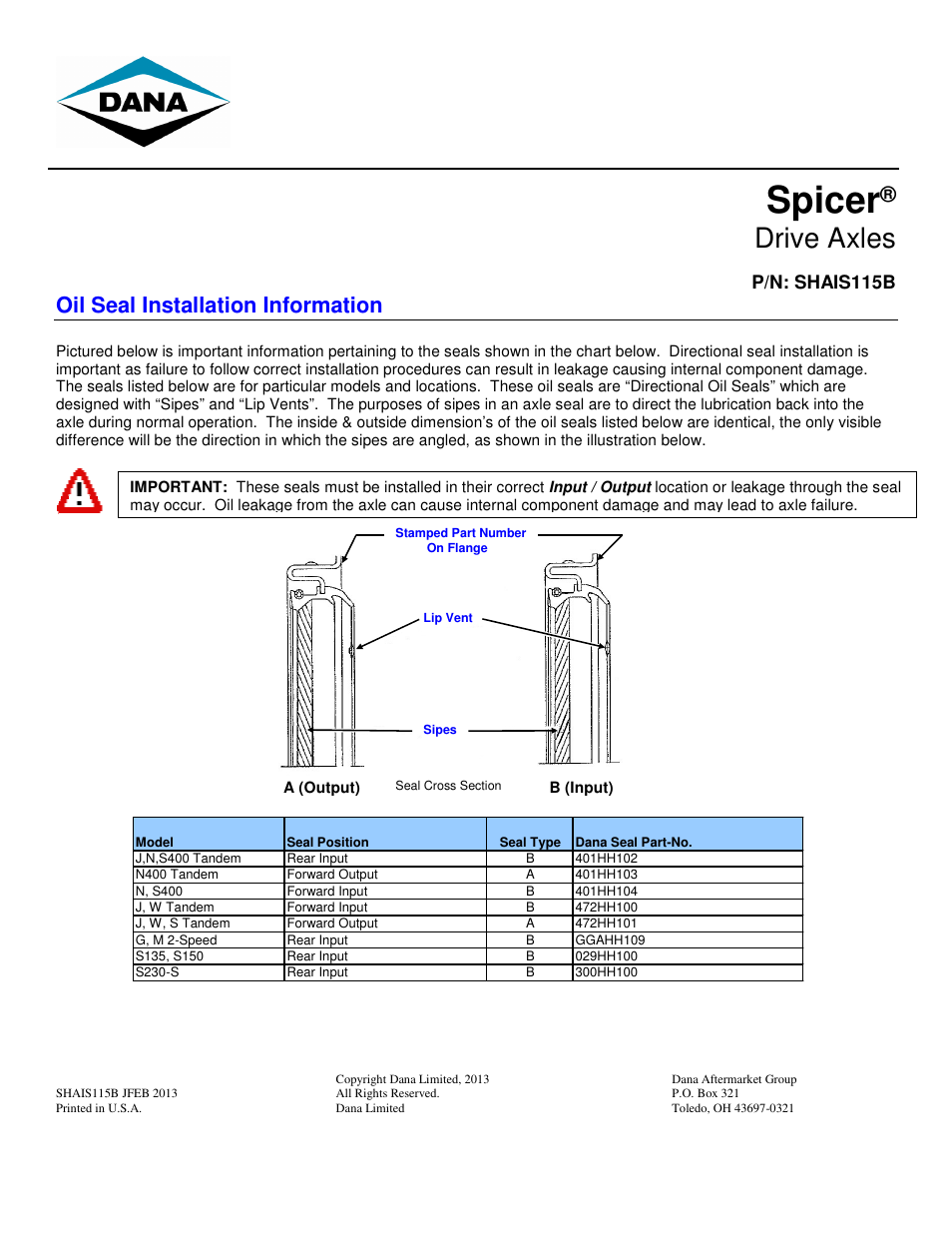 Spicer Oil Seal Installation Information User Manual | 1 page