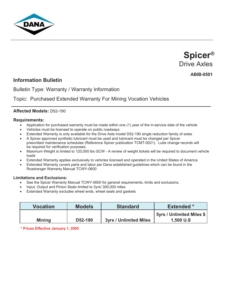 Spicer Purchased Warranty Registration Form – Vocation Mining User Manual | 2 pages