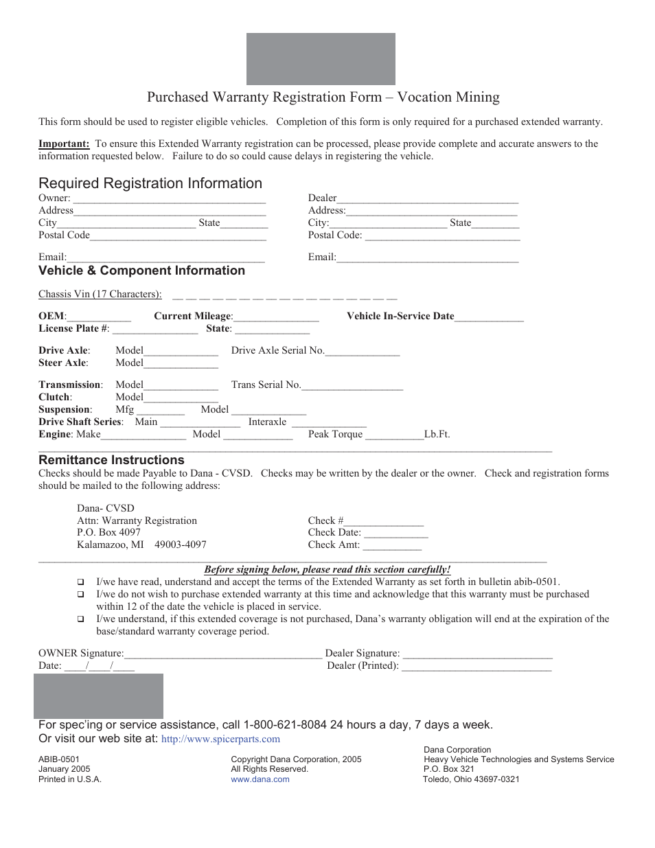 Required registration information, Vehicle & component information, Remittance instructions | Spicer Purchased Warranty Registration Form – Vocation Mining User Manual | Page 2 / 2