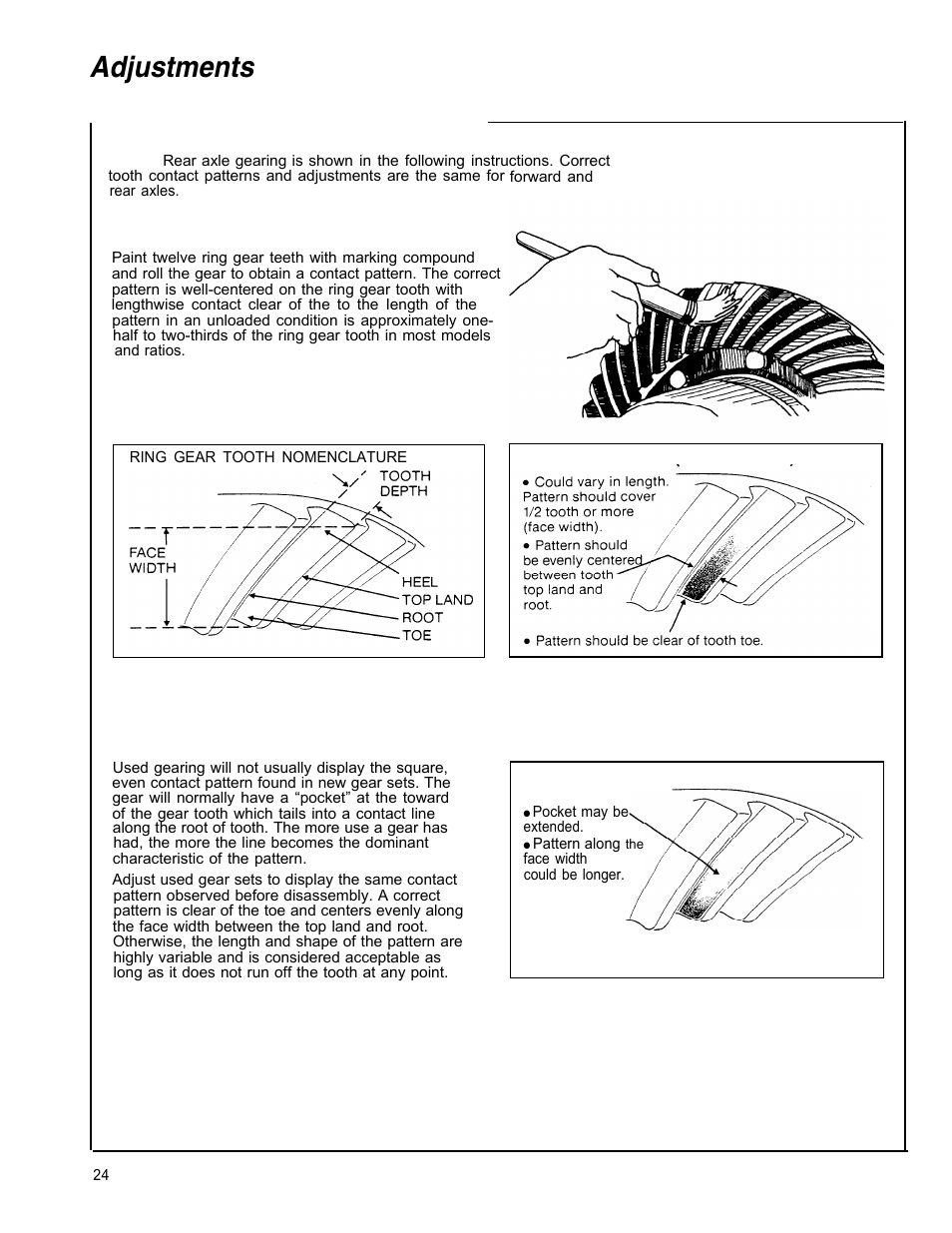 Adjustments, R ing gear and pinion tooth contact | Spicer Tandem Drive Axle Dual Range & Double Planetary 34,000-45,000 lbs User Manual | Page 24 / 78