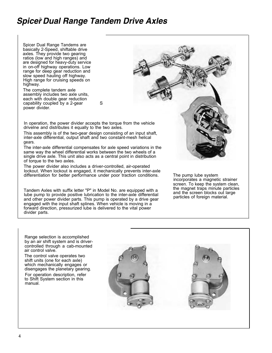 Spicer, Dual range tandem drive axles, Description and operation | Dual range tandem shift system | Spicer Tandem Drive Axle Dual Range & Double Planetary 34,000-45,000 lbs User Manual | Page 4 / 78