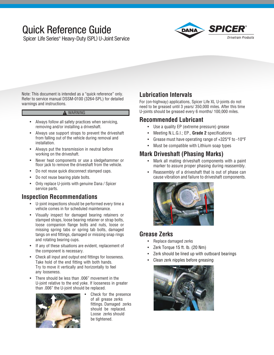 Spicer Life Series Heavy-Duty (SPL) U-Joint Service Quick Reference User Manual | 2 pages