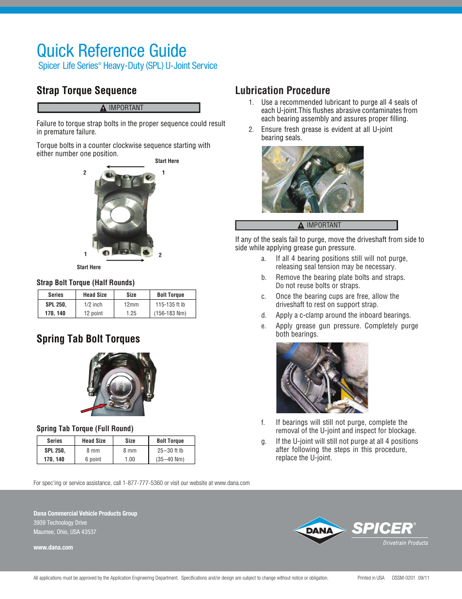 Quick reference guide, Strap torque sequence, Spring tab bolt torques | Lubrication procedure, Spicer life series, Heavy-duty (spl) u-joint service | Spicer Life Series Heavy-Duty (SPL) U-Joint Service Quick Reference User Manual | Page 2 / 2