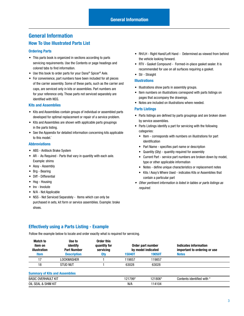 General information, How to use illustrated parts list, Effectively using a parts listing - example | Spicer Drive Axles Illustrated Parts List 15040T and 19050T User Manual | Page 3 / 20