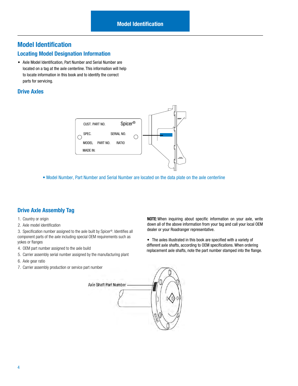 Model identification, Locating model designation information, Drive axles drive axle assembly tag | Spicer Drive Axles Illustrated Parts List 15040T and 19050T User Manual | Page 4 / 20