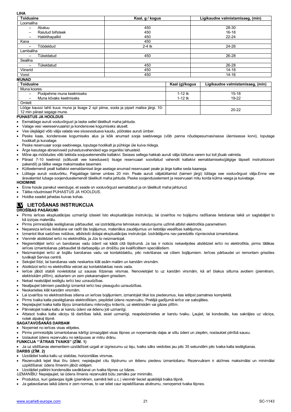 Lv lieto anas instrukcija | Scarlett SC-1143 User Manual | Page 21 / 31