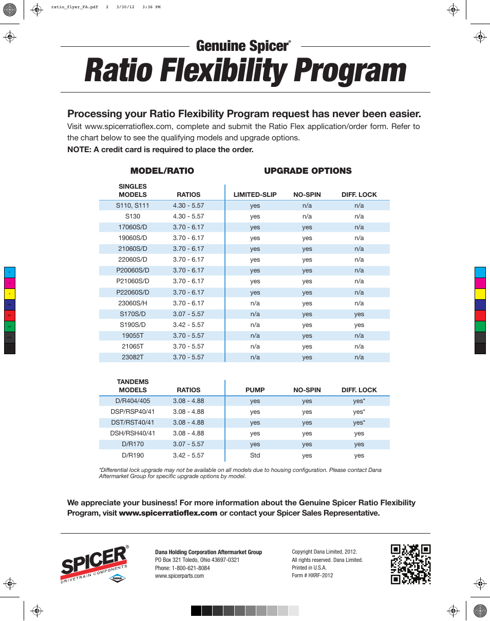 Ratio flexibility program, Genuine spicer, Model/ratio upgrade options | Spicer Ratio Flexibility Program User Manual | Page 2 / 2