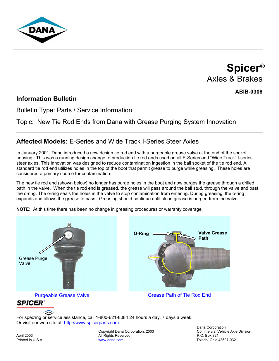 Spicer New Tie Rod Ends from Dana with Grease Purging System Innovation User Manual | 1 page