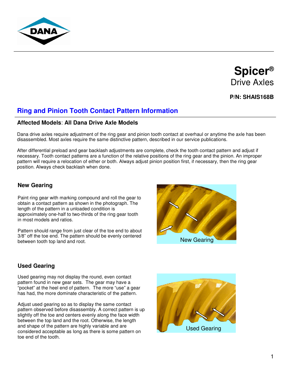 Spicer Ring and Pinion Tooth Contact Pattern Information User Manual | 3 pages