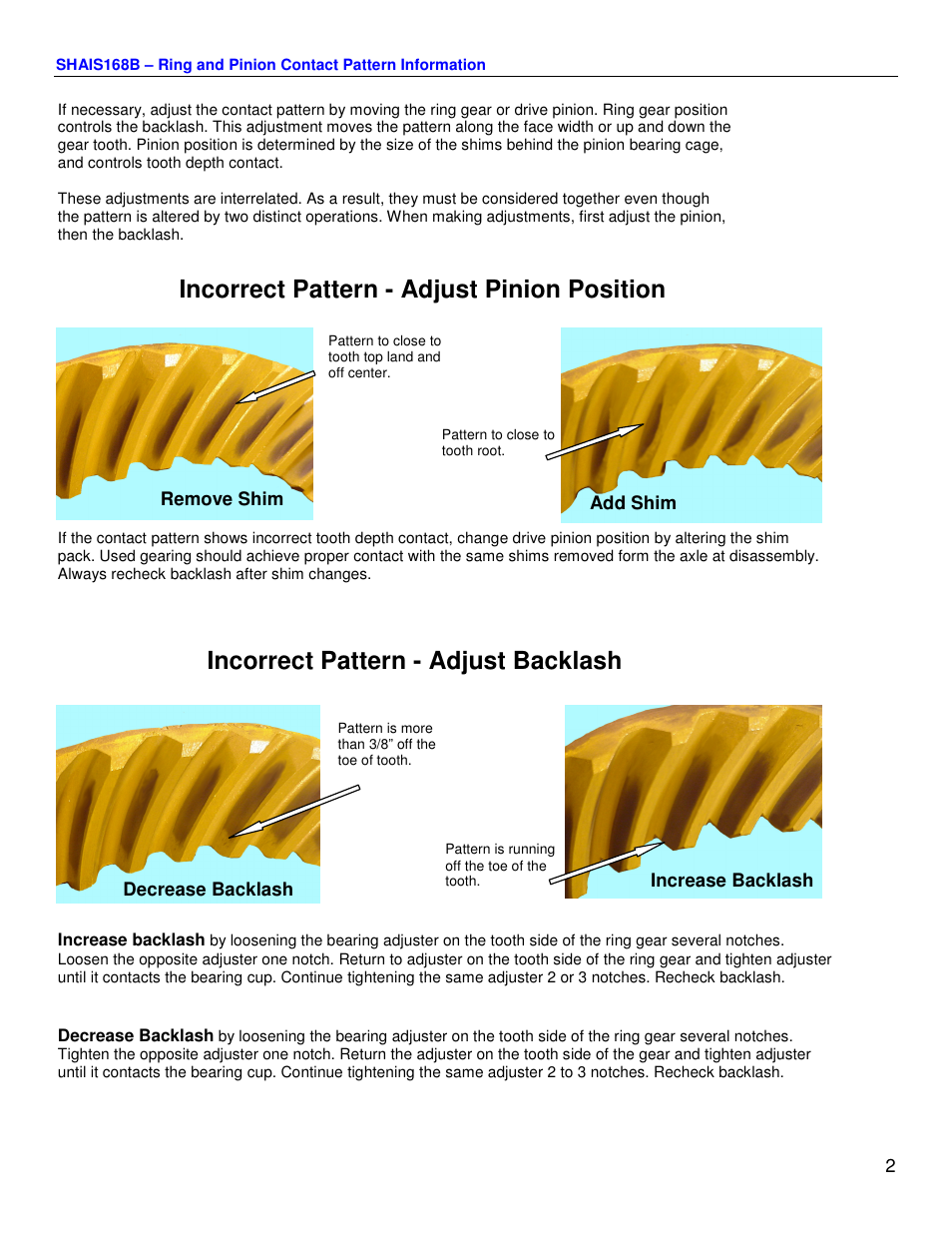 Incorrect pattern - adjust backlash, Incorrect pattern - adjust pinion position | Spicer Ring and Pinion Tooth Contact Pattern Information User Manual | Page 2 / 3
