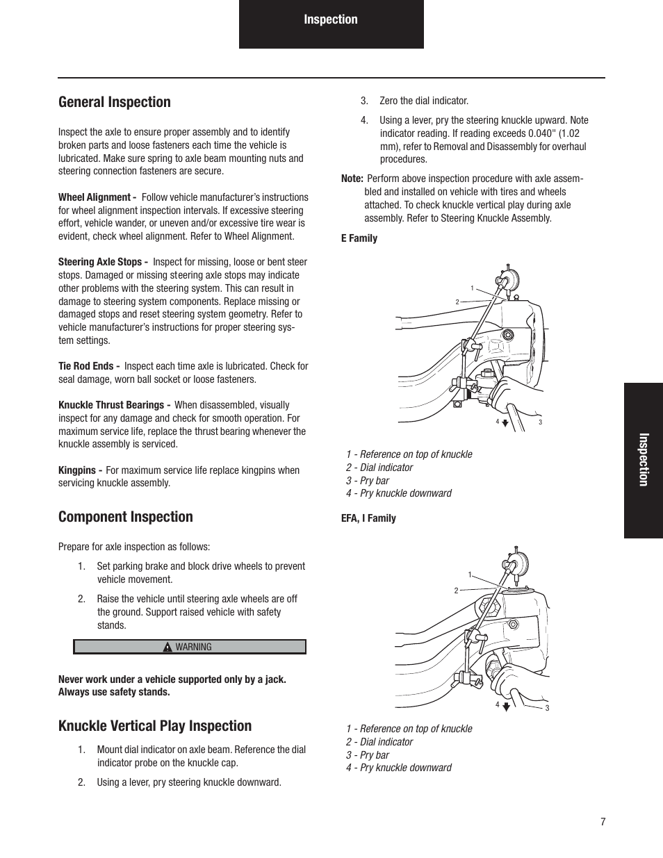 General inspection, Component inspection, Knuckle vertical play inspection | Spicer Dana Spicer Steer Axles - Service Manaul User Manual | Page 11 / 48