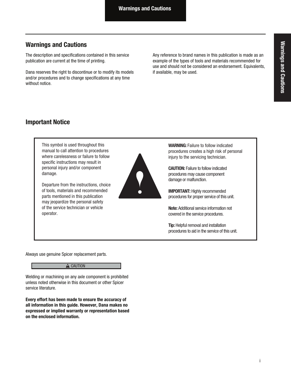 Warnings and cautions, Important notice | Spicer Dana Spicer Steer Axles - Service Manaul User Manual | Page 2 / 48