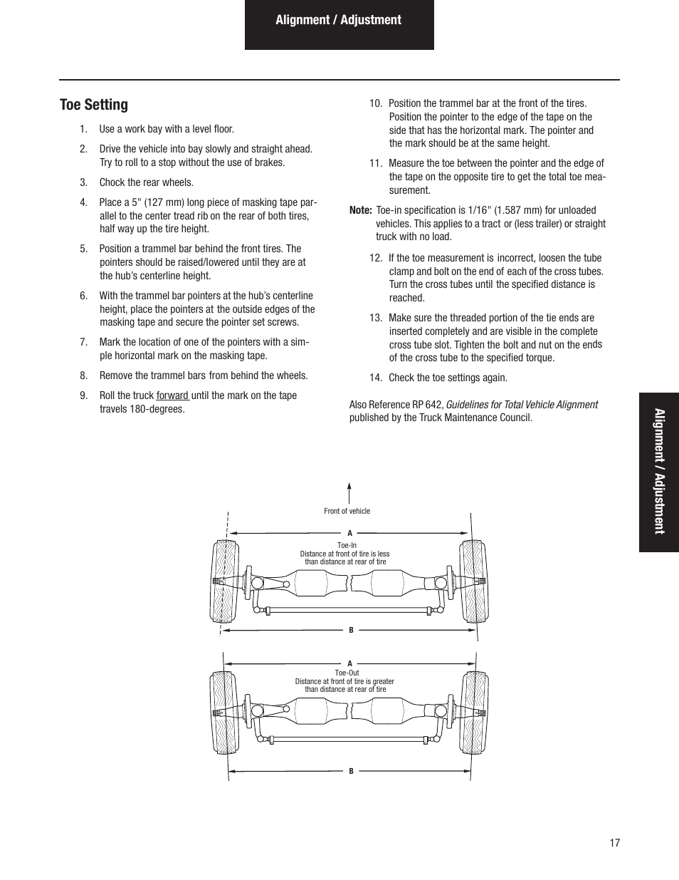 Toe setting, Alignment / adjustment | Spicer Dana Spicer Steer Axles - Service Manaul User Manual | Page 21 / 48