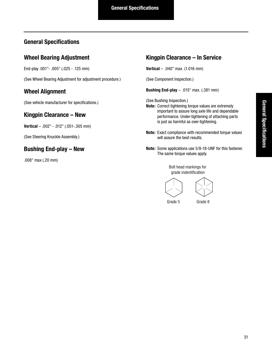 General specifications wheel bearing adjustment, Wheel alignment, Kingpin clearance – new | Bushing end-play – new, Kingpin clearance – in service | Spicer Dana Spicer Steer Axles - Service Manaul User Manual | Page 35 / 48